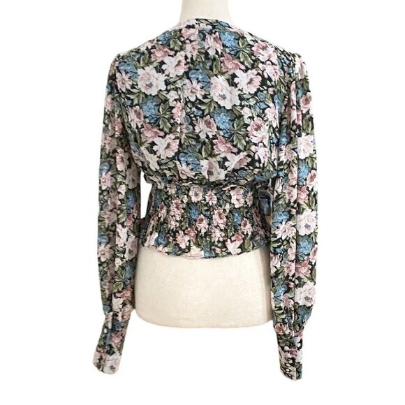 EN SAISON FLORAL CHIFFON SMOCKED WAIST LONG PUFFY SLEEVES BLOUSE - XS - Picture 3 of 10